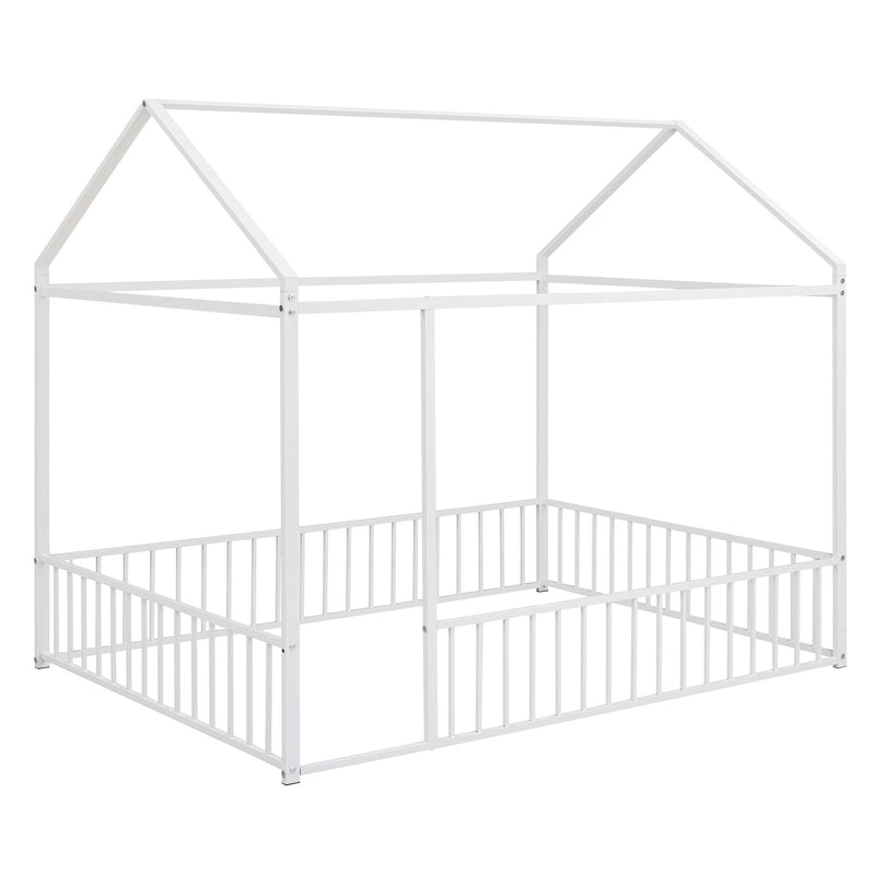 Halcyon Home metal canopy bed frame with a built-in fence, featuring a sleek metal design and sturdy structure for a cozy sleeping space.