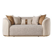 Michael Amini Gineverra loveseat in Biscotti and Ivory Gold fabric, showcasing elegant stationary design with plush cushions.