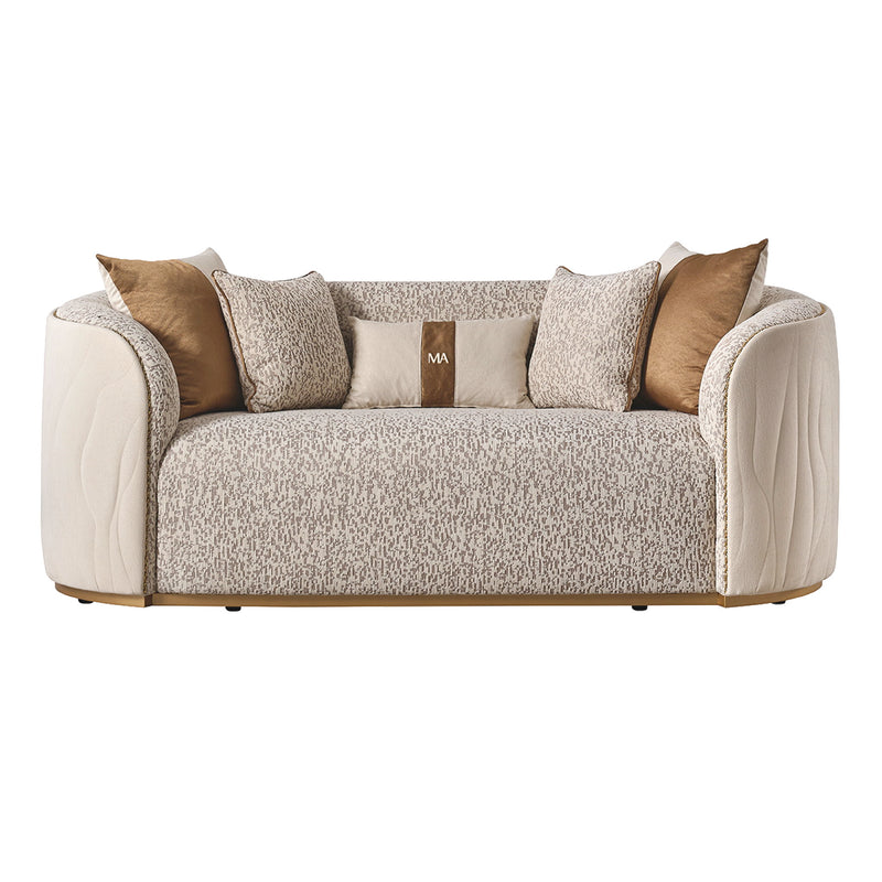 Michael Amini Gineverra loveseat in Biscotti and Ivory Gold fabric, showcasing elegant stationary design with plush cushions.