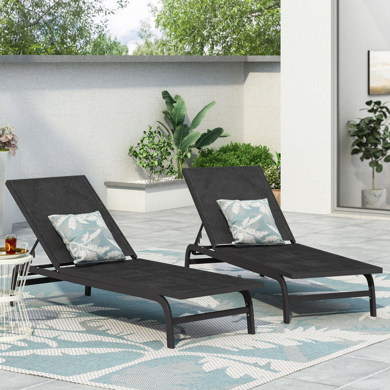 Noble House Finn outdoor chaise lounge with modern design, featuring a cushioned seat and sleek frame for outdoor relaxation.
