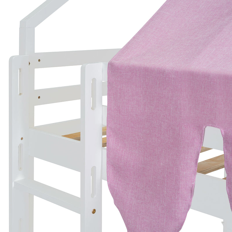 DreamHaus loft bed with house-shaped frame and tent, featuring a cozy sleeping area and playful design for children's rooms.