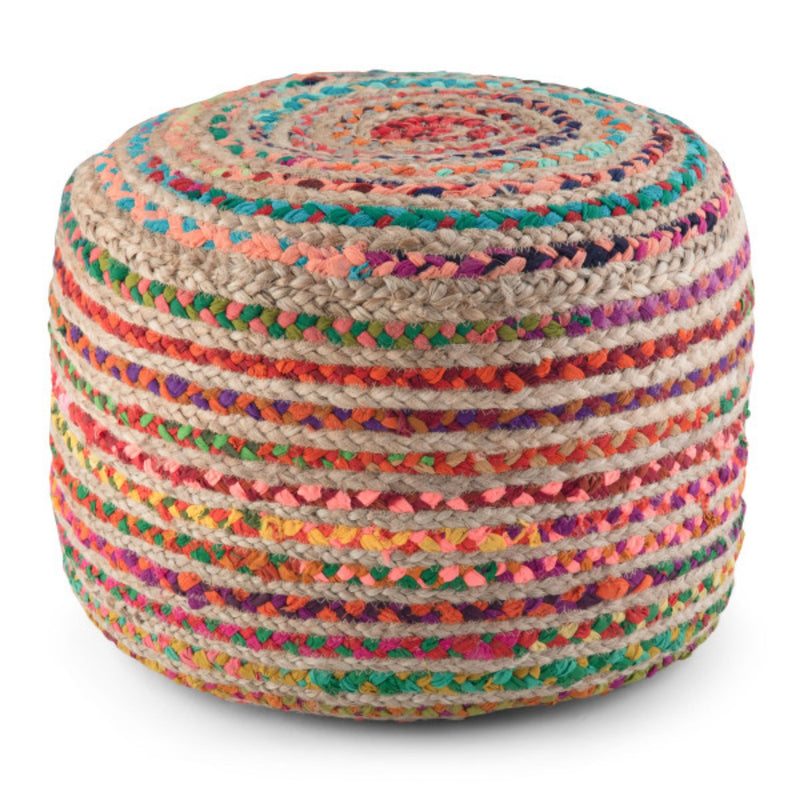 Simpli-Home Margo handcrafted round accent pouf with soft fabric and stylish design, ideal for living room or seating area.