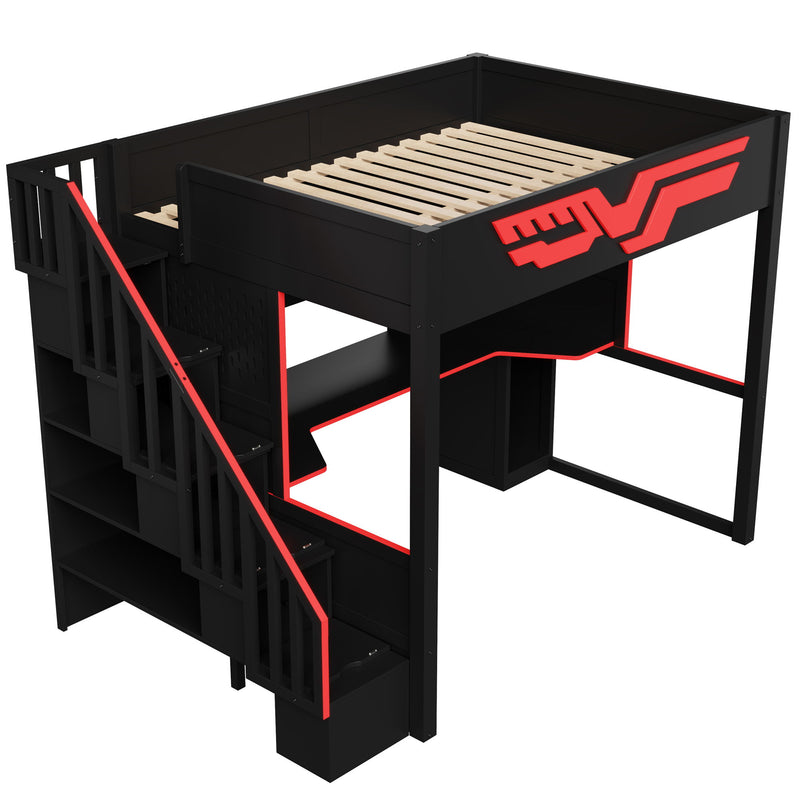 Full Gaming Loft Bed With Desk And Storage Staircase, LED Lights And USB - Red / Black - R&R Furniture Gallery (Fountain Valley, CA)