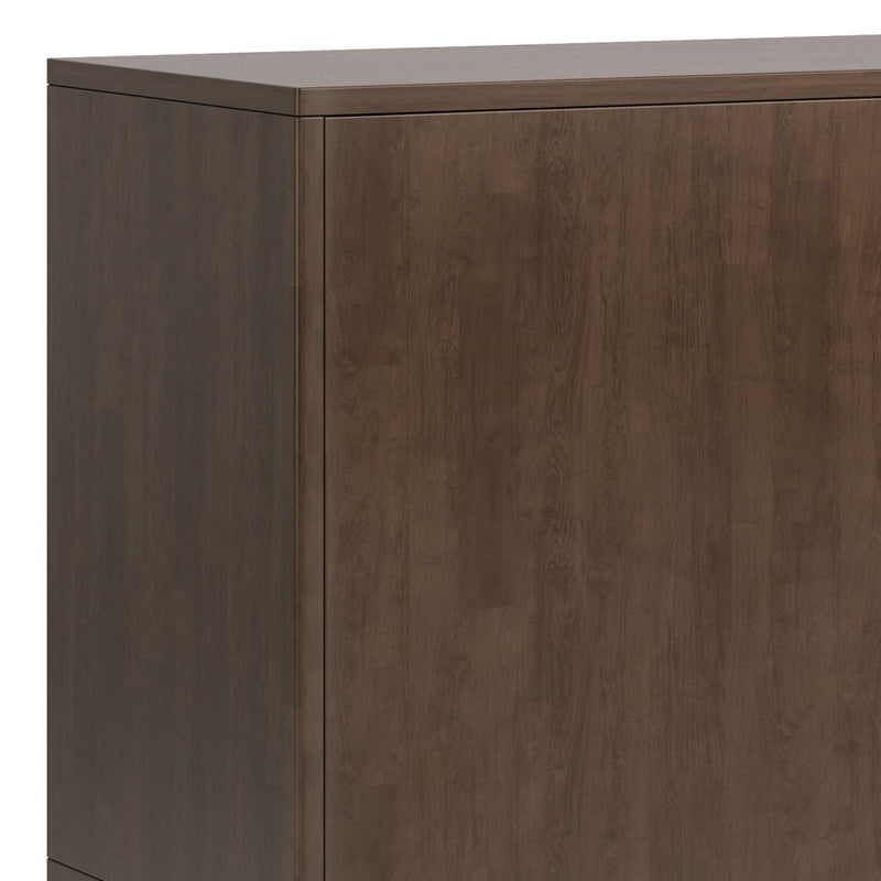 Simpli-Home Harper sideboard buffet with wood finish, featuring multiple drawers and cabinet doors for storage.