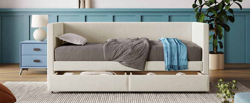 Halcyon Home storage daybed with two drawers and wood slat design, showcasing a modern, functional bedroom furniture piece.