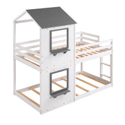 DreamHaus wooden bunk bed with roof, window, guardrail, and ladder for kids' bedroom. Solid wood construction and playful design.