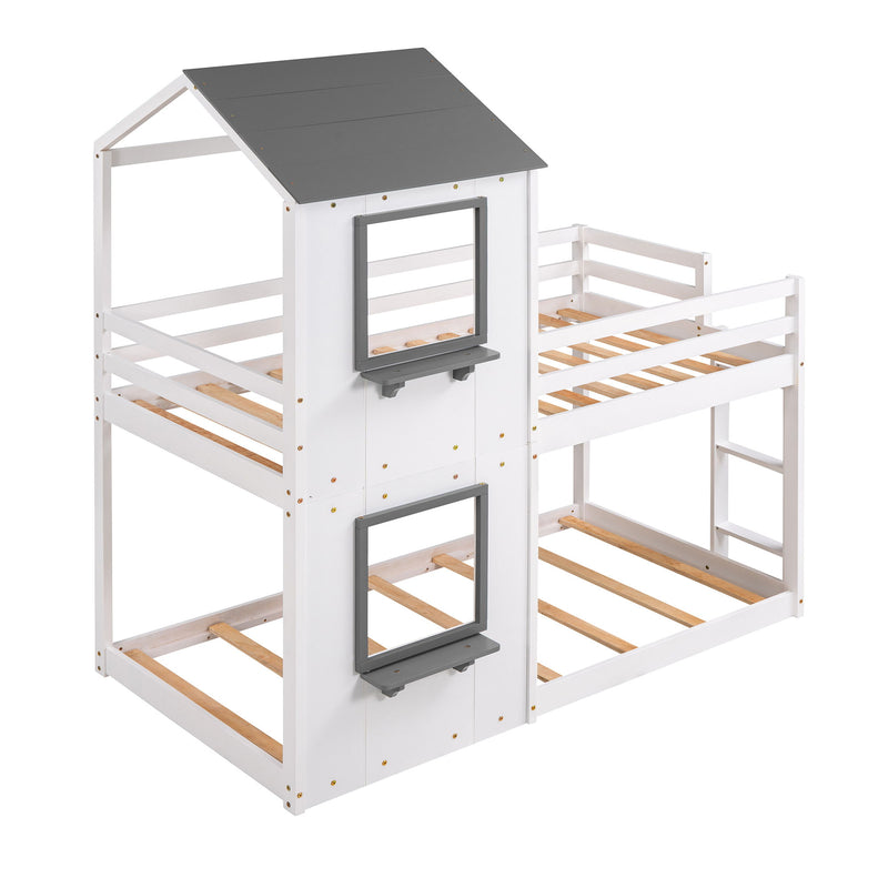 DreamHaus wooden bunk bed with roof, window, guardrail, and ladder for kids' bedroom. Solid wood construction and playful design.