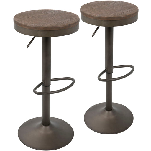 Pair of Lumi Source Dakota industrial-style adjustable barstools with metal frames and wooden seats, set of 2.