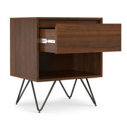 Simpli-Home Hunter accent nightstand with a sleek wooden finish, featuring a single drawer and open shelf for bedroom storage.