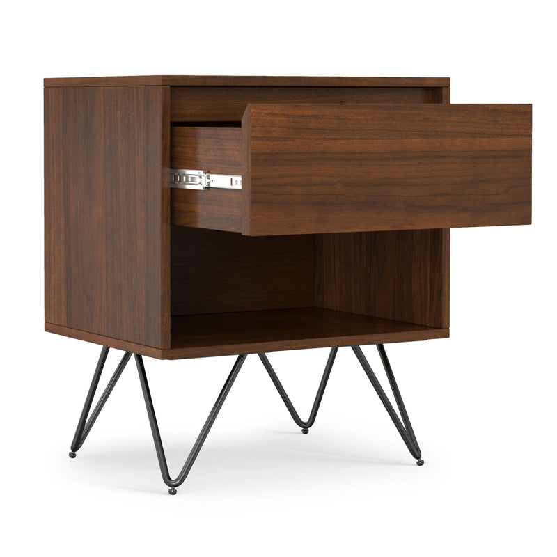 Simpli-Home Hunter accent nightstand with a sleek wooden finish, featuring a single drawer and open shelf for bedroom storage.