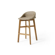 Set of two Noble House Beeson outdoor wicker and acacia wood barstools in brown, water-resistant and ideal for patio seating.