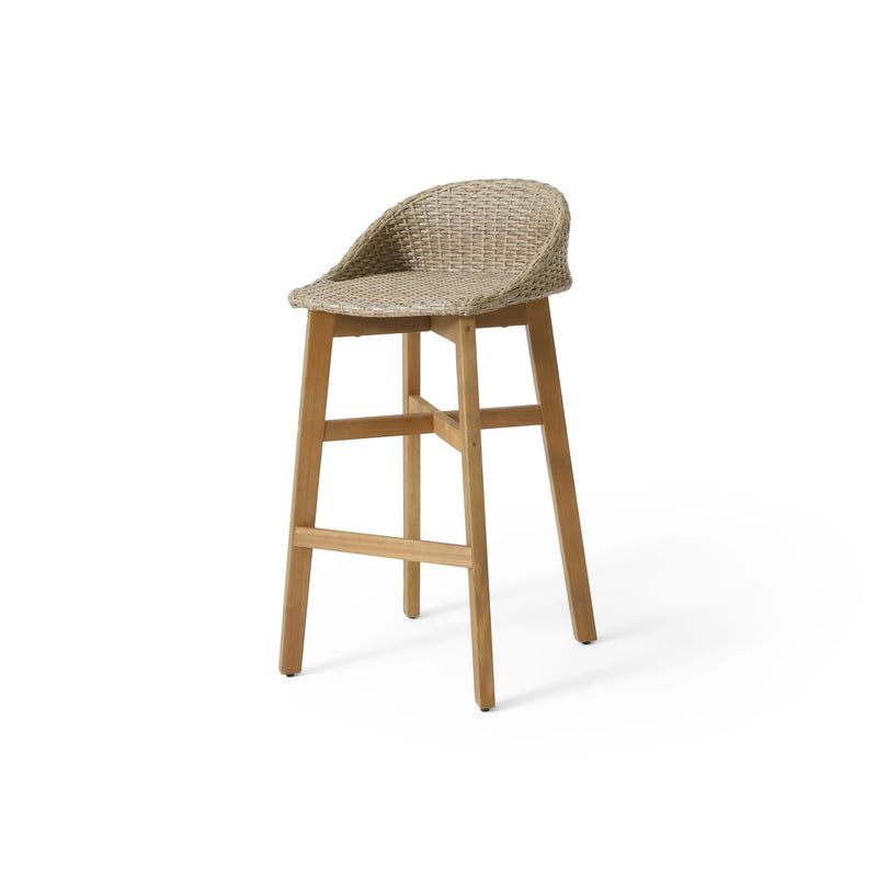 Set of two Noble House Beeson outdoor wicker and acacia wood barstools in brown, water-resistant and ideal for patio seating.