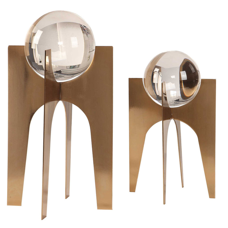 Uttermost Ellianna Crystal Spheres set of 2 as elegant table accessory with clear glass spheres on a decorative base.