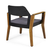 Pair of Noble House Soho outdoor club chairs with cushions in teak, featuring a transitional style perfect for patio or garden seating.