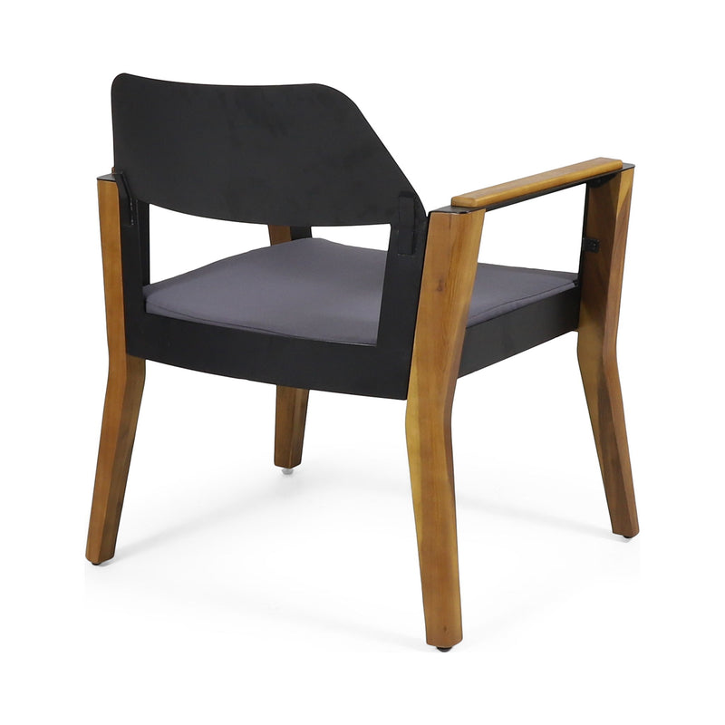 Pair of Noble House Soho outdoor club chairs with cushions in teak, featuring a transitional style perfect for patio or garden seating.