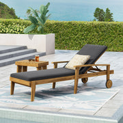 Noble House Jason chaise lounge made of adjustable acacia wood, outdoor furniture with a sleek, modern design for relaxing outdoors.
