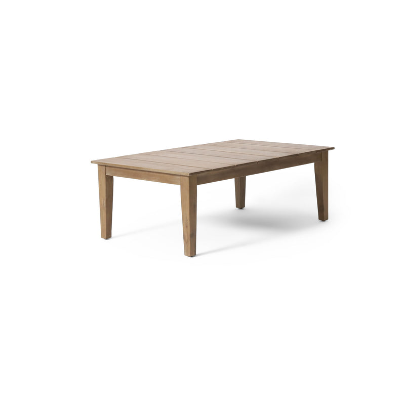 Outdoor coffee table with slat panel top in light brown by Noble House, ideal for patio or garden seating areas.