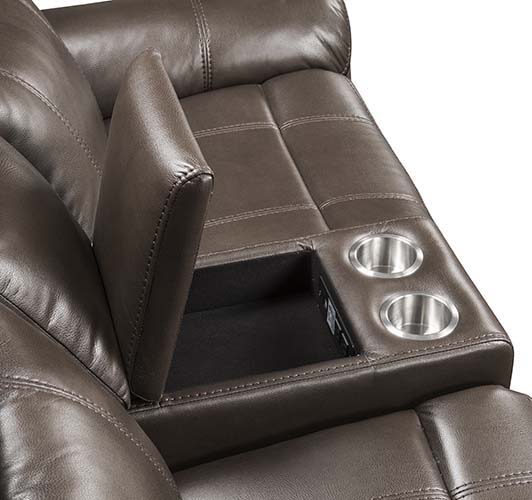 Lydia - Motion Loveseat With USB & Console - Brown Leather Aire - R&R Furniture Gallery (Fountain Valley, CA)