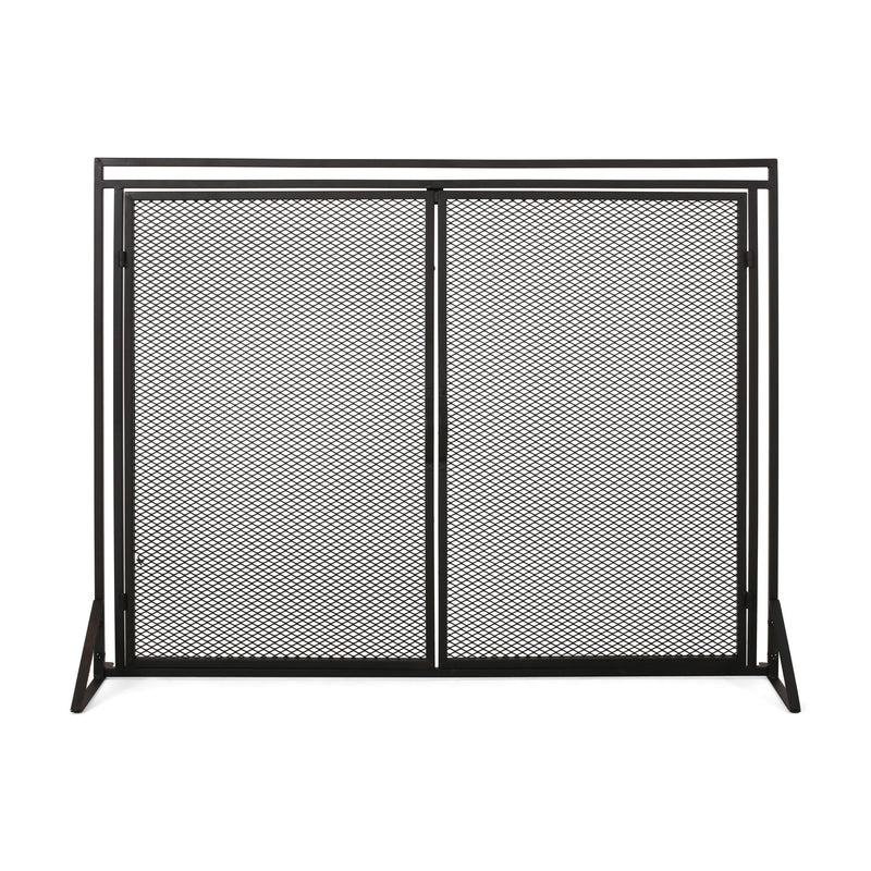 Noble House Samantha iron fireplace screen with two door design, decorative metal frame for protecting and accenting a fireplace.