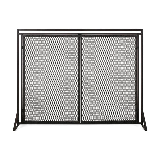 Noble House Samantha iron fireplace screen with two door design, decorative metal frame for protecting and accenting a fireplace.