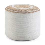 Handcrafted round braided Serena accent pouf by Simpli-Home, showcasing its woven design and soft, textured surface.