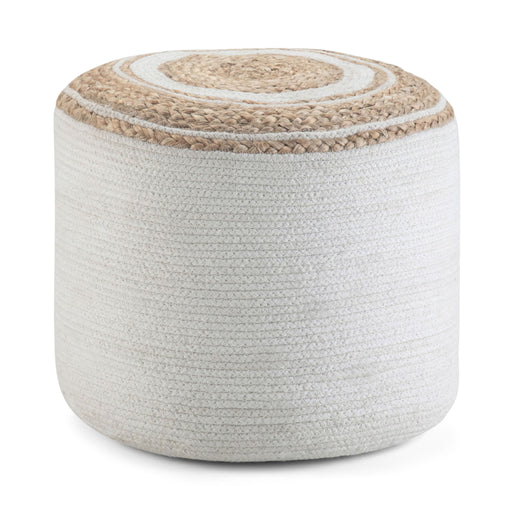 Handcrafted round braided Serena accent pouf by Simpli-Home, showcasing its woven design and soft, textured surface.