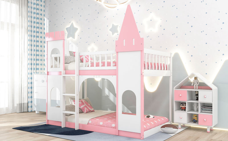 Twin Over Twin Castle Bunk Bed With Ladder - Pink - R&R Furniture Gallery (Fountain Valley, CA)