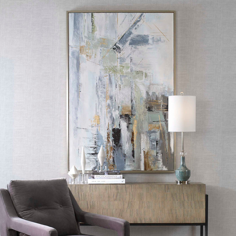 Natural Springs hand-painted canvas art by Uttermost featuring pearl silver tones with abstract water-inspired design.