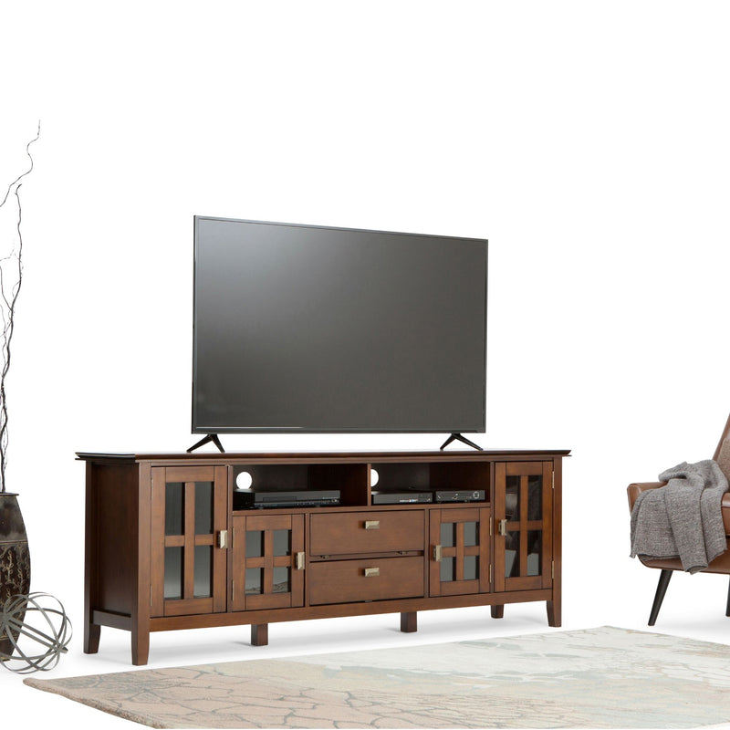 Rustic Russet Brown Artisan TV media stand by Simpli-Home with storage compartments and wood finish.