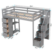 DreamHaus loft bed with built-in storage drawers, stairs with shelves, and a sturdy frame, ideal for space-saving bedroom furniture.