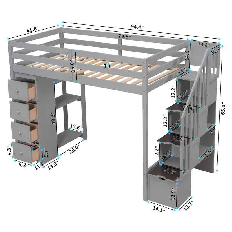 DreamHaus loft bed with built-in storage drawers, stairs with shelves, and a sturdy frame, ideal for space-saving bedroom furniture.
