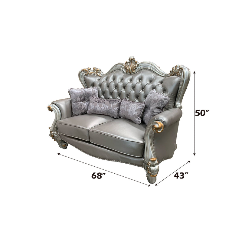 Versailles - Loveseat With 4 Pillows - Silver Synthetic Leather & Antique Platinum - R&R Furniture Gallery (Fountain Valley, CA)