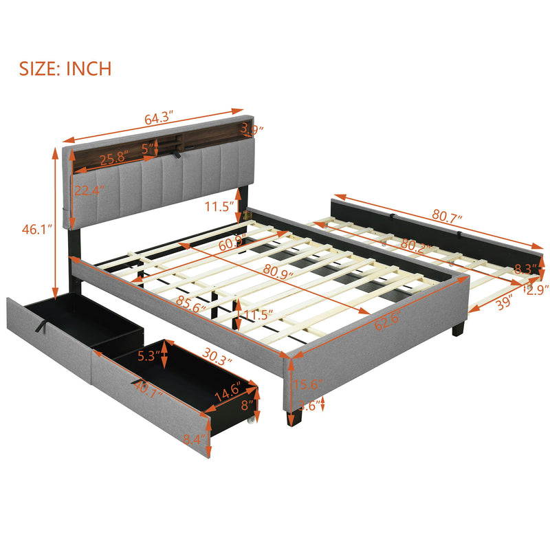 Upholstered Platform Bed With Storage Headboard, Trundle & 2 Drawers And A Set Of Sockets & USB Ports - R&R Furniture Gallery (Fountain Valley, CA)