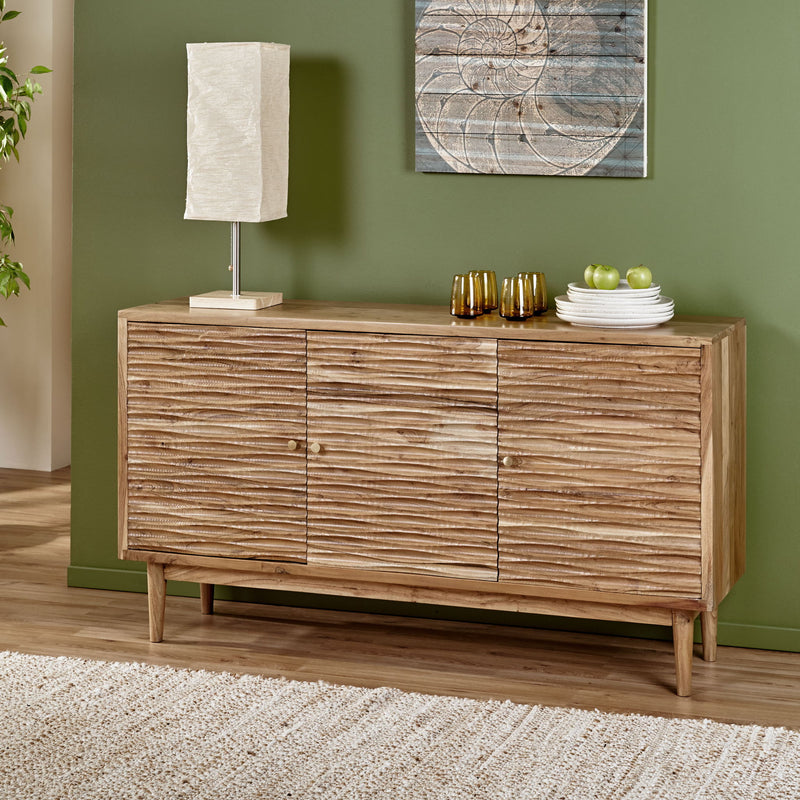 Boho handcrafted sideboard by Noble House with three doors, carved textured surface, natural finish, showcasing artisanal craftsmanship.