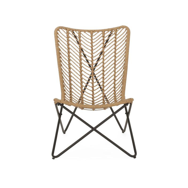 Set of two Noble House wicker chairs with geometric cross bases in light brown, featuring woven seats and stylish design.