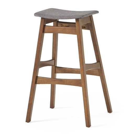Set of two Noble House mid-century modern bar stools with upholstered seats and wooden legs, stylish and comfortable for kitchen or bar.