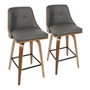 Set of two Lumi Source Gianna mid-century modern counter stools with wooden seats and black metal legs on a neutral background.