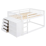 DreamHaus bunk bed with four drawers and three shelves, featuring a sturdy wooden frame and space-saving design.