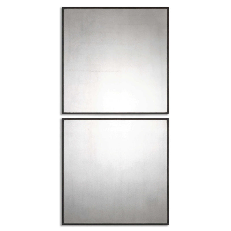 Set of two black antiqued square wall mirrors by Uttermost, featuring vintage-style frames with a textured, aged finish.