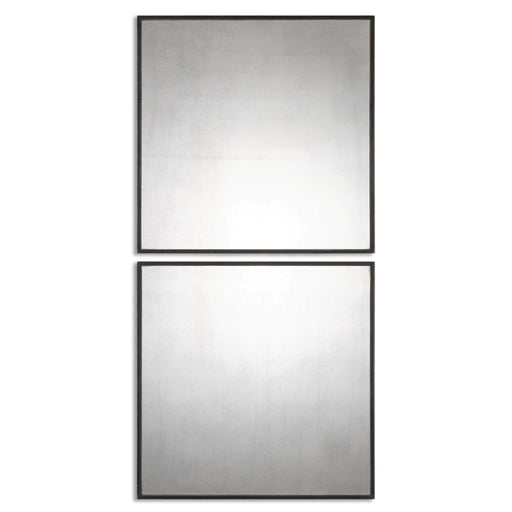 Set of two black antiqued square wall mirrors by Uttermost, featuring vintage-style frames with a textured, aged finish.