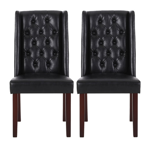 Noble House tufted dining chair with high back design, elegant upholstery, and wooden legs in a set for stylish dining room seating.
