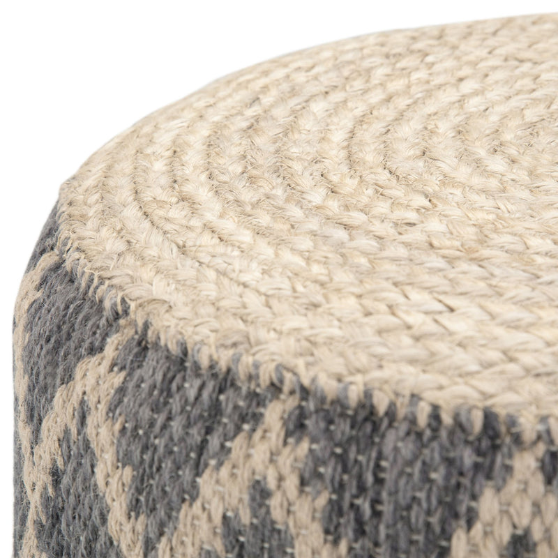 Simpli-Home Edgeley handcrafted round accent pouf with textured fabric and plush cushioning, ideal for living room or bedroom decor.