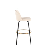 Set of two Lumi Source Toriano contemporary fixed height barstools with swivel seats and round footrests, shown from the side.