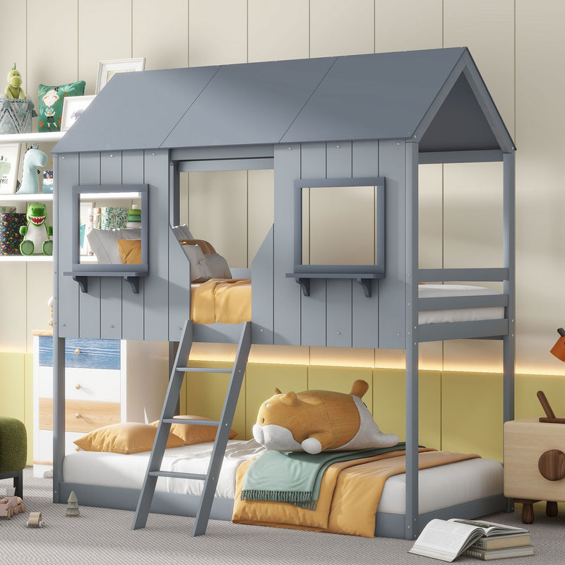 Twin Over Twin Bunk Bed With Roof, Window, Guardrail, Ladder - R&R Furniture Gallery (Fountain Valley, CA)