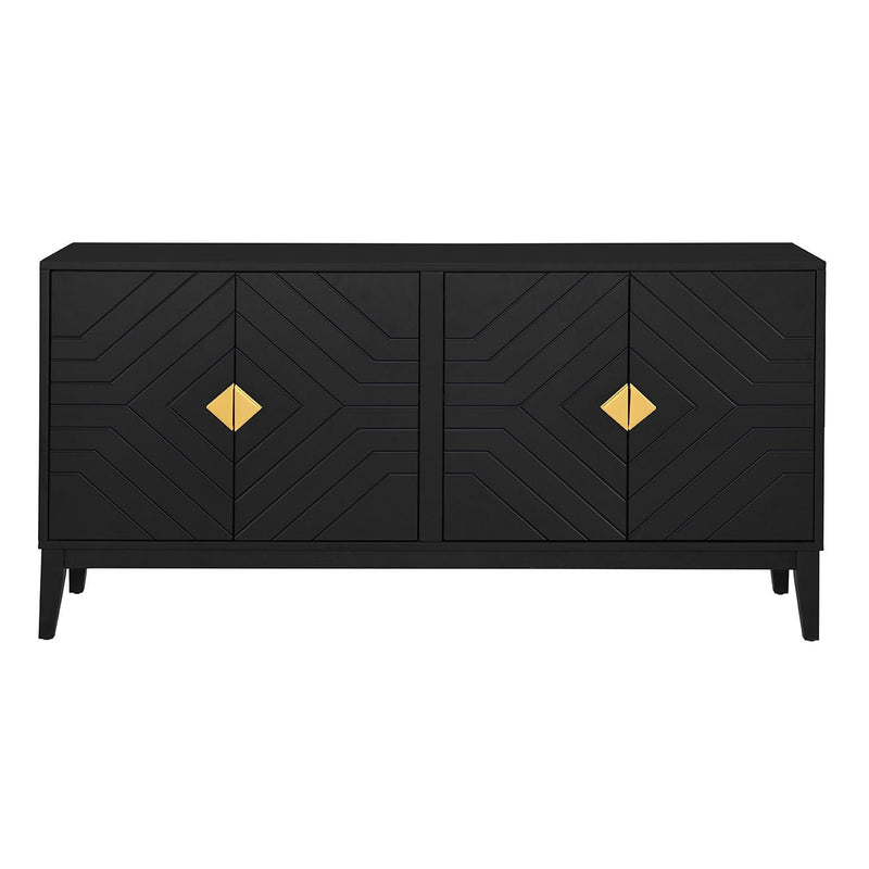 4 Door Sideboard Storage Cabinet For Living Room And Dining Room, 2 Large Cabinets With Gold Handles And Adjustable Shelf - Black - R&R Furniture Gallery (Fountain Valley, CA)