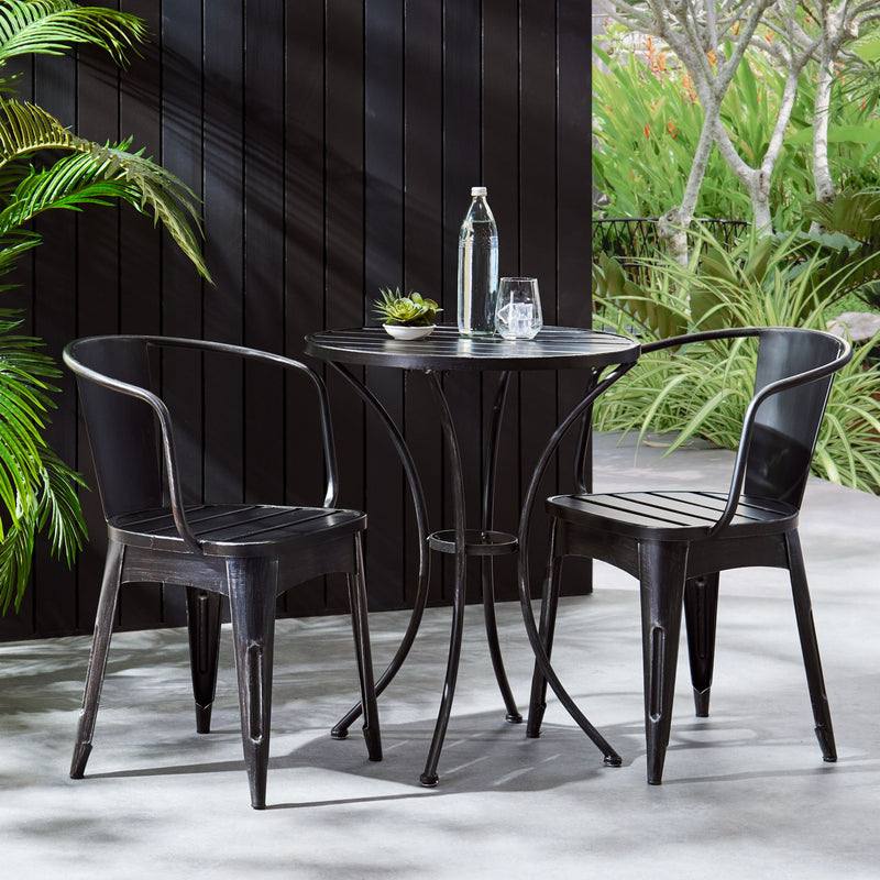 Noble House Yearn 3-piece outdoor bistro set with a round table and two chairs, ideal for patio or garden use.
