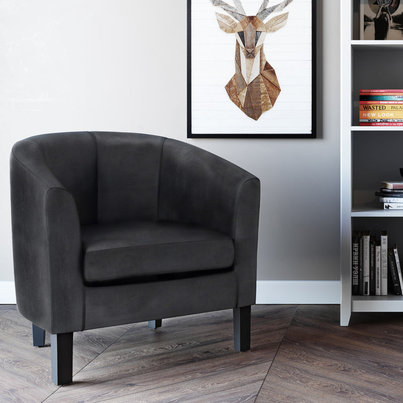Handcrafted Austin arm chair by Simpli-Home featuring a plush fabric upholstery and wooden legs, designed for comfortable seating.