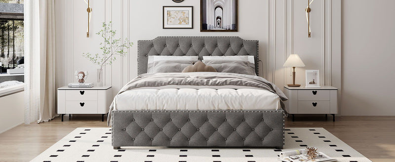 Upholstered Platform Bed With Trundle And 2 Sets Of USB Ports On Each Side, Fabric - R&R Furniture Gallery (Fountain Valley, CA)