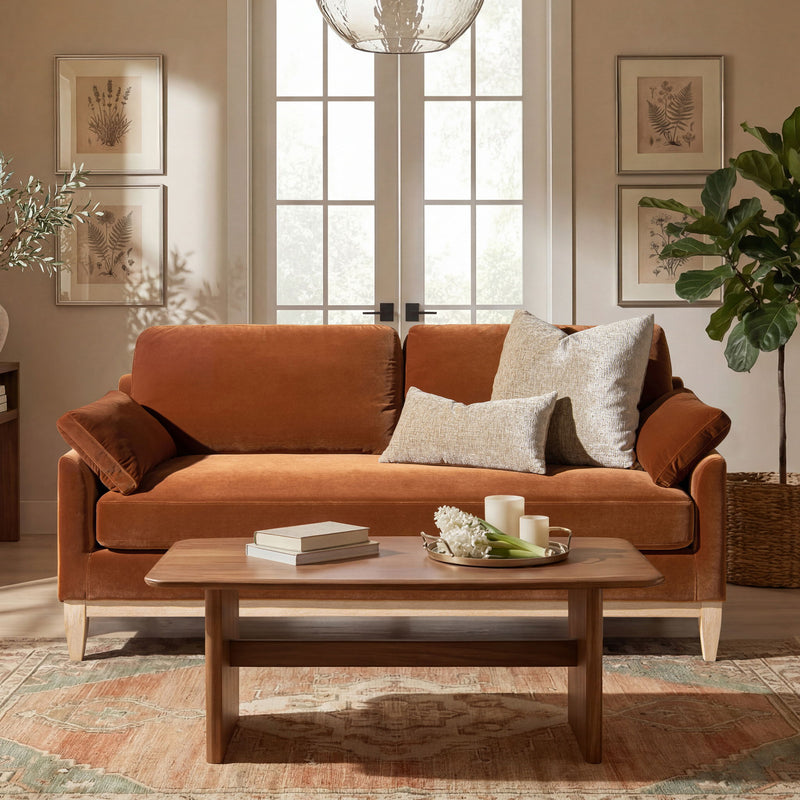 Jennifer Taylor Home Pasadena Modern Farmhouse Sofa in neutral fabric, showcasing plush cushions and wooden legs for a cozy living room look.