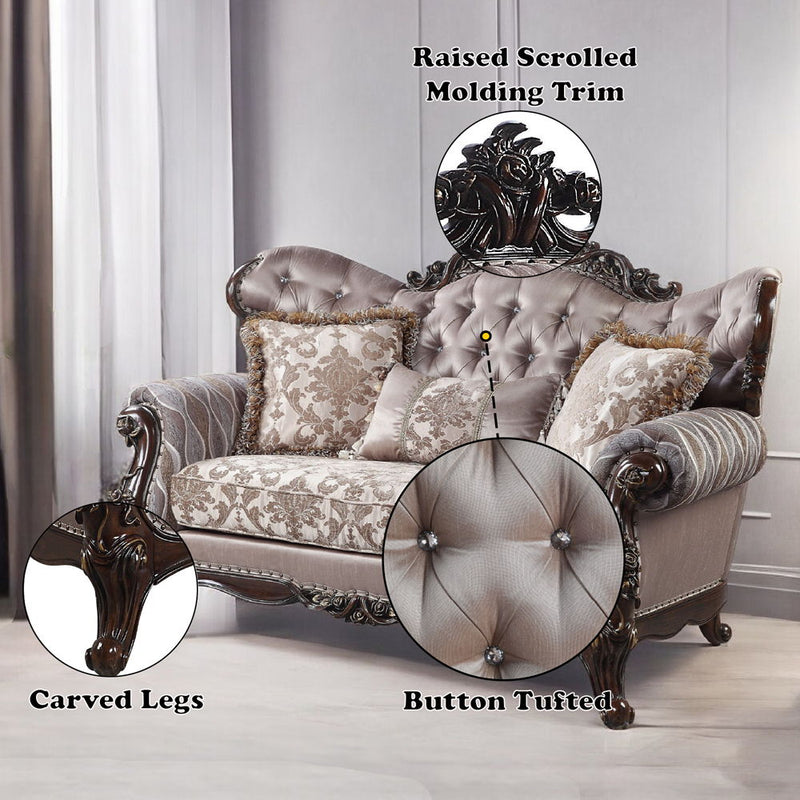 Benbek - Loveseat With 3 Pillows - Fabric & Antique Oak - R&R Furniture Gallery (Fountain Valley, CA)